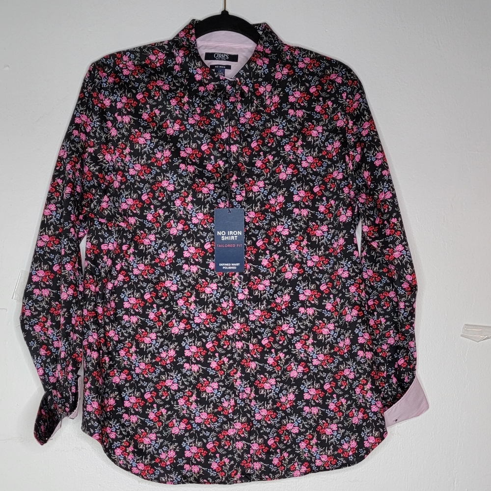 Chaps Women’s L Black Floral No Iron Long Sleeve Button Down Shirt
